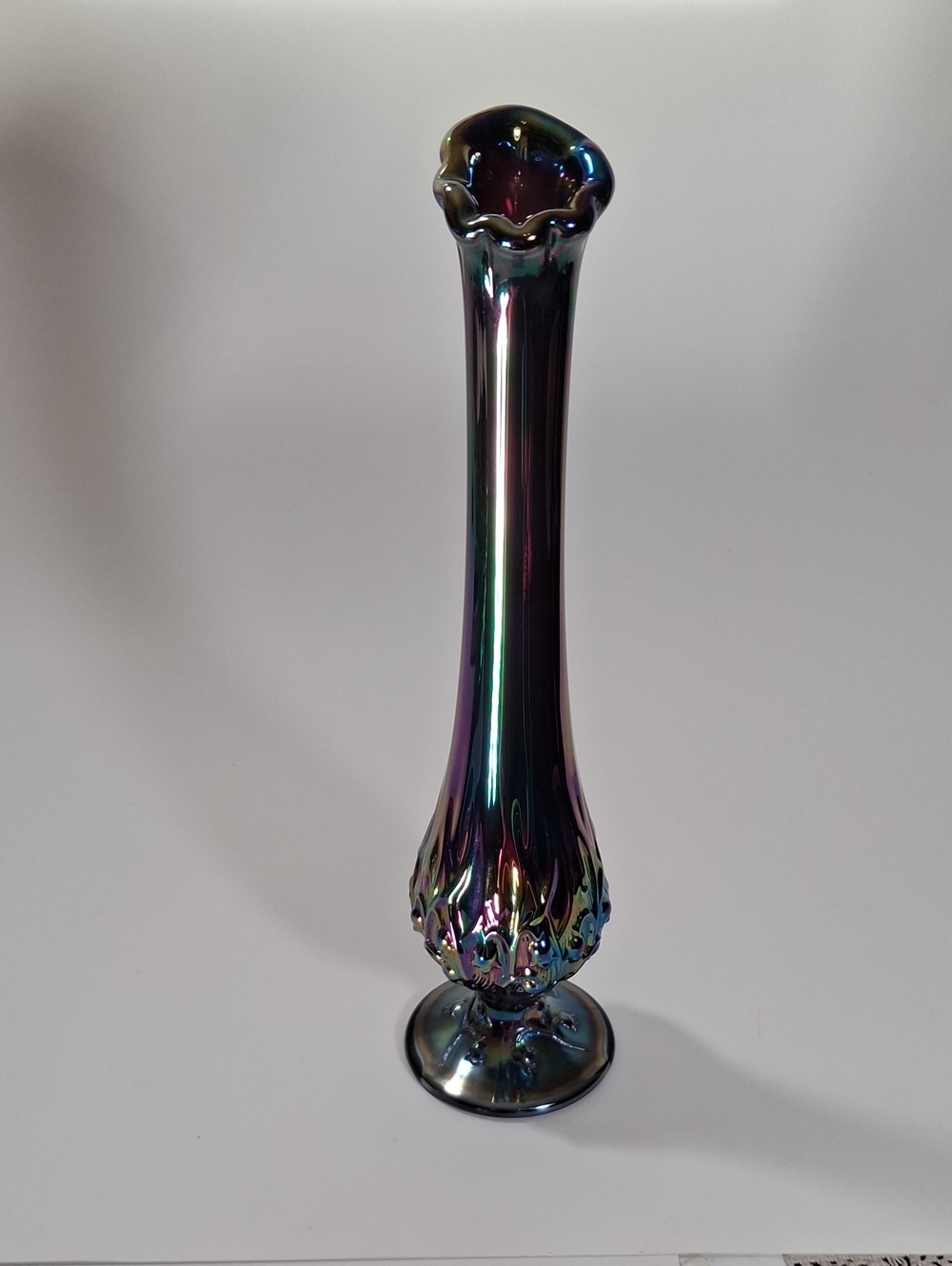 Vintage Fenton Amethyst Iridescent Carnival Glass Swung Bud Vase